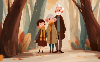 An illustration of an elderly couple and a young child, all wearing scarves and autumn clothes, standing together in a forest with colorful fall leaves on the trees and ground.