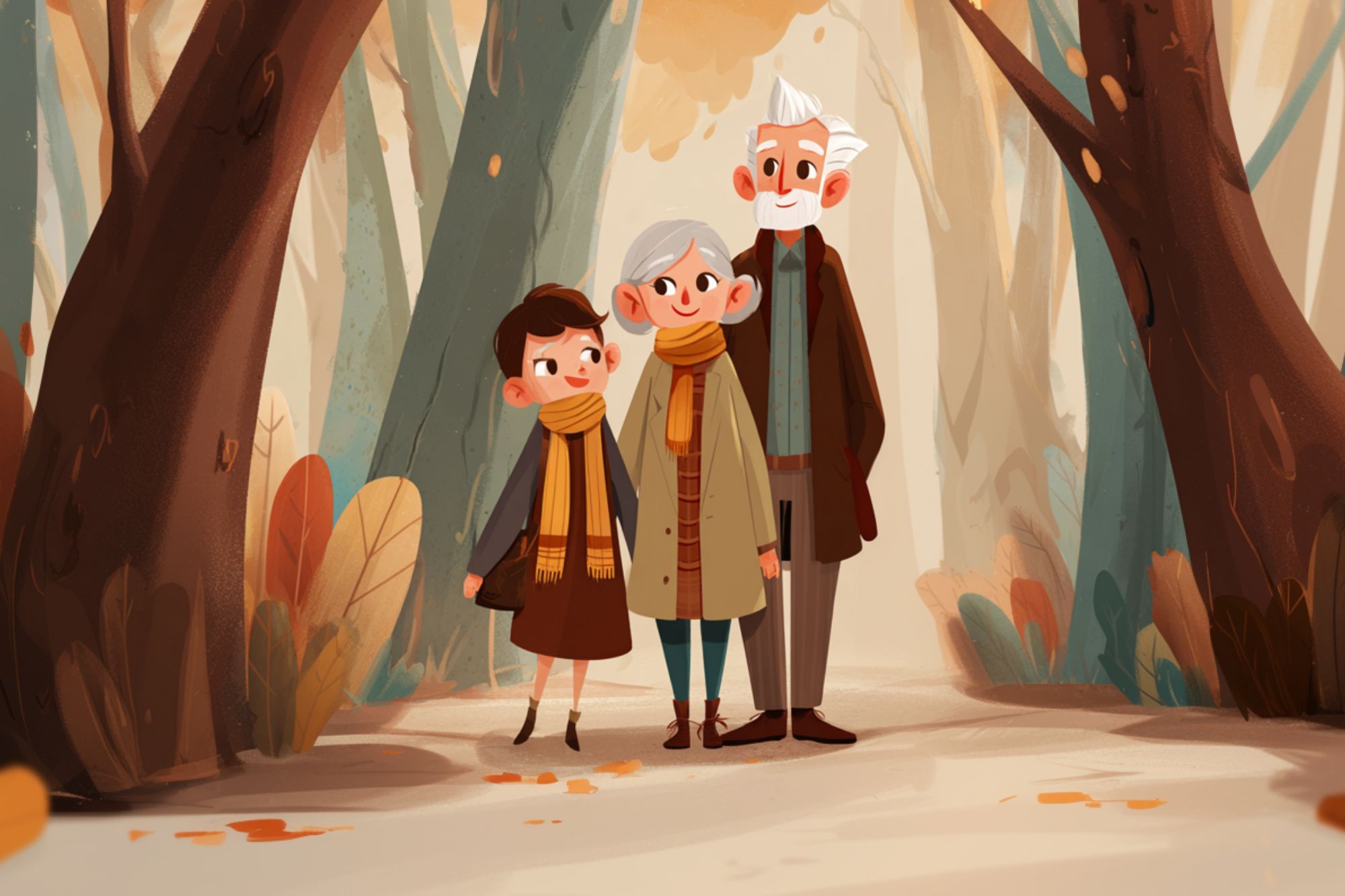 An illustration of an elderly couple and a young child, all wearing scarves and autumn clothes, standing together in a forest with colorful fall leaves on the trees and ground.
