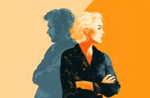 An illustrated woman with blonde hair stands with arms crossed, facing right, in front of a shadowy figure of a man facing left. The background is split into light beige and orange halves.