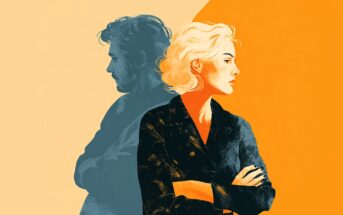 An illustrated woman with blonde hair stands with arms crossed, facing right, in front of a shadowy figure of a man facing left. The background is split into light beige and orange halves.