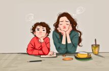 An illustration of a tired woman and a child sitting at a table, both resting their heads on their hands and looking frustrated. The table has a pencil, paper, cookies, a yellow cup, and a glass with a straw.