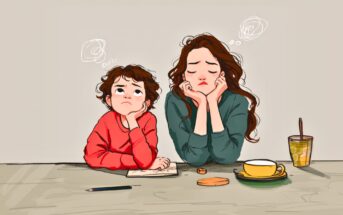 An illustration of a tired woman and a child sitting at a table, both resting their heads on their hands and looking frustrated. The table has a pencil, paper, cookies, a yellow cup, and a glass with a straw.