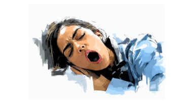 A digital painting of a woman lying on her side with her eyes closed and mouth open, appearing to yawn or be asleep, resting her head on her hand and wearing a blue shirt.