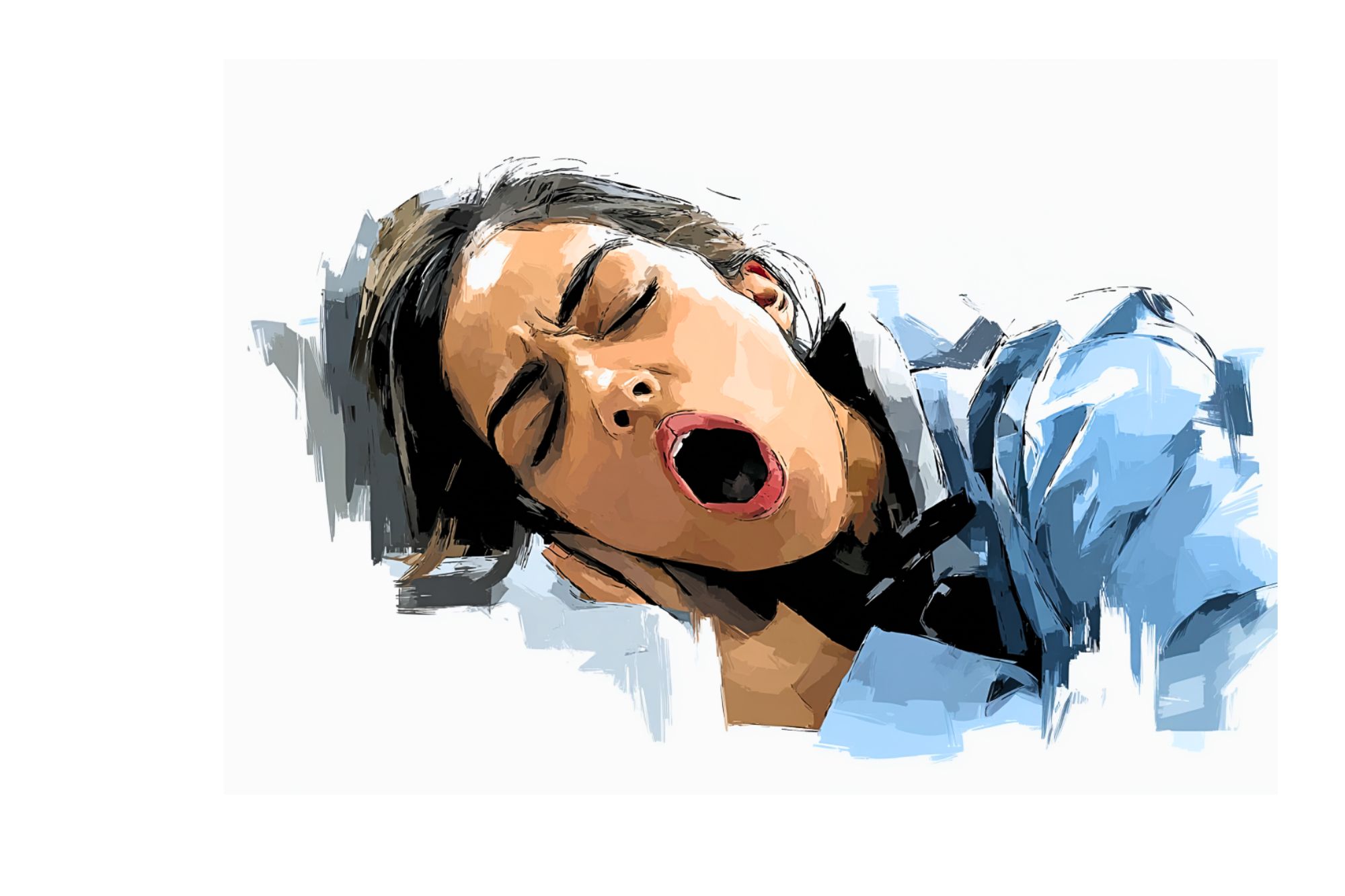 A digital painting of a woman lying on her side with her eyes closed and mouth open, appearing to yawn or be asleep, resting her head on her hand and wearing a blue shirt.