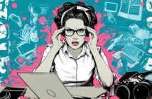 A stressed woman sits at a desk with a laptop, holding her glasses. The background features chaotic sketches of digital devices and office tools, conveying a sense of overwhelm with technology and work.