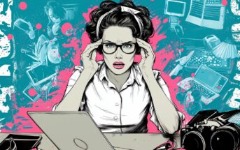 A stressed woman sits at a desk with a laptop, holding her glasses. The background features chaotic sketches of digital devices and office tools, conveying a sense of overwhelm with technology and work.