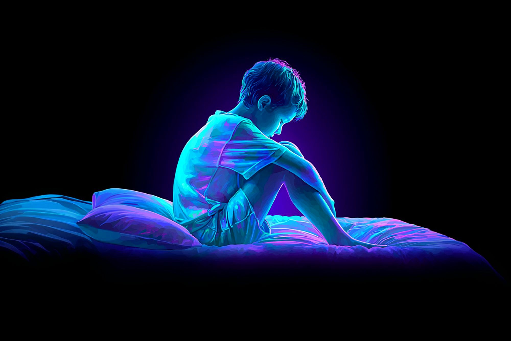 A young child sits alone on a bed in a dark room, illuminated by neon blue and purple light, with their knees drawn to their chest and head bowed, suggesting sadness or contemplation.