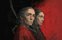 Two women with serious expressions stand back to back, both wearing red clothing. Chains connect their necks. The background is split, with black on the left and red on the right, creating a dramatic contrast.