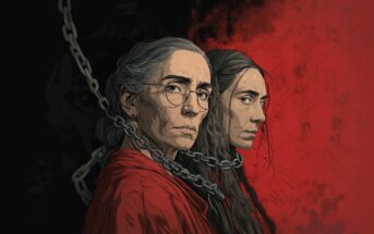 Two women with serious expressions stand back to back, both wearing red clothing. Chains connect their necks. The background is split, with black on the left and red on the right, creating a dramatic contrast.