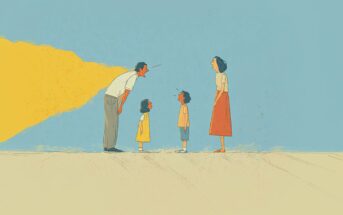 A man angrily yells at a young girl while a woman and a boy look on. The man’s harsh words are illustrated as a sharp yellow beam pointed at the girl, highlighting the impact of his anger.