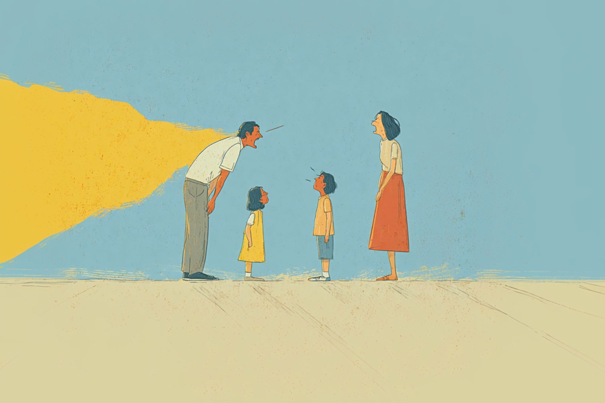 A man angrily yells at a young girl while a woman and a boy look on. The man’s harsh words are illustrated as a sharp yellow beam pointed at the girl, highlighting the impact of his anger.