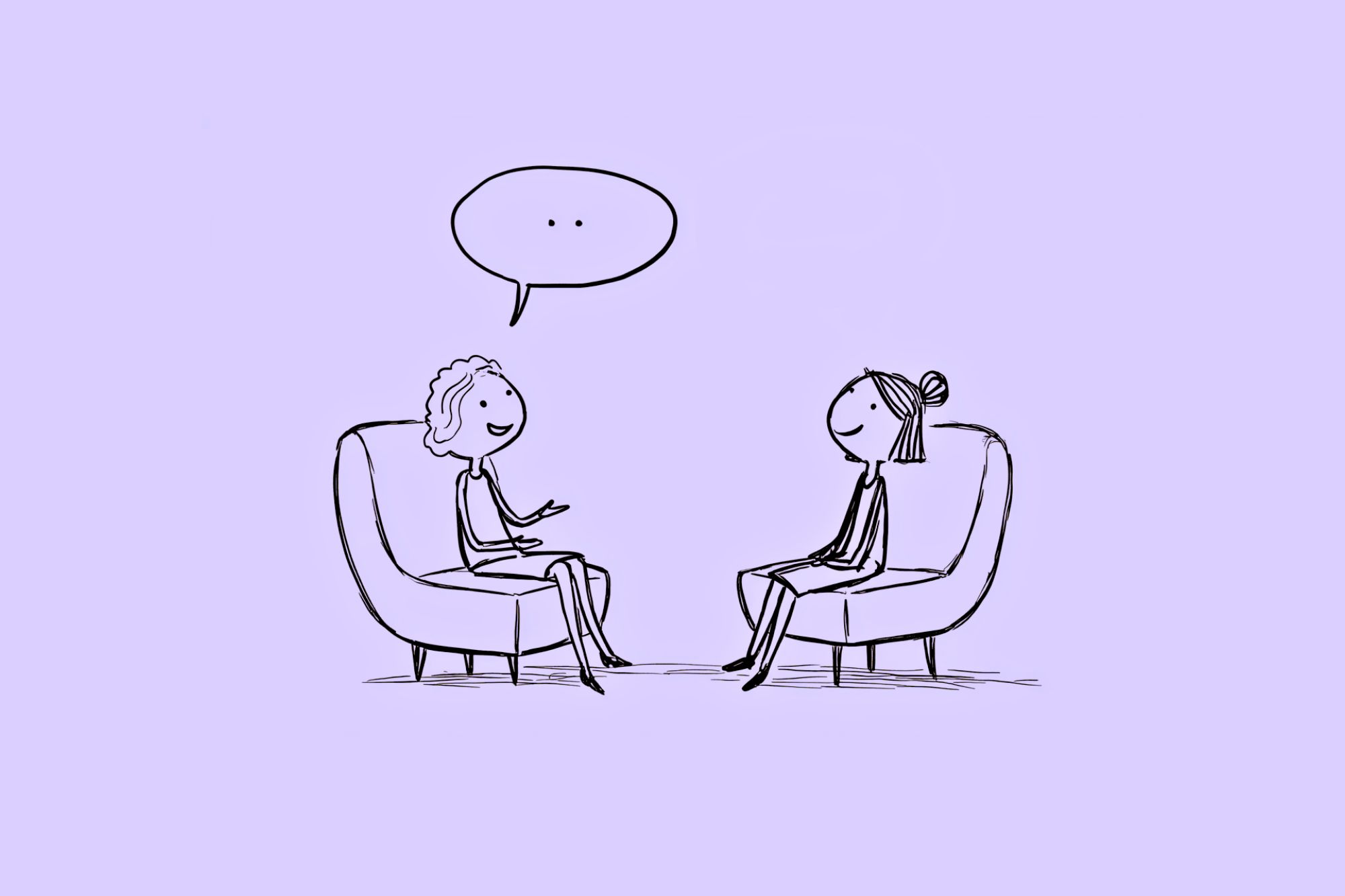 A simple line drawing of two people sitting in chairs facing each other, having a conversation. One person is speaking, illustrated by a speech bubble with ellipsis, on a light purple background.