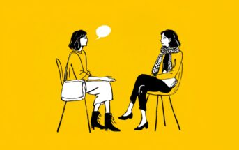 Illustration of two women sitting on chairs facing each other and talking, against a bright yellow background. One woman gestures with her hands and has a speech bubble above her, while the other listens attentively.