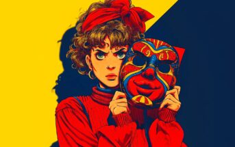 A person with curly hair and a red headband, wearing a red sweater, holds a colorful, expressive mask with bold patterns. The background is split diagonally between bright yellow and dark blue.