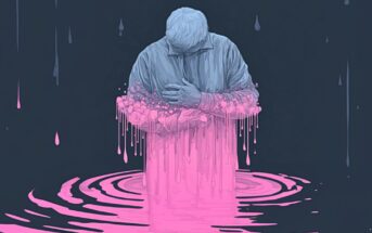An illustrated person with their head bowed and hand on their chest stands in a pool of rippling pink liquid, with pink drips melting from their body against a dark background.