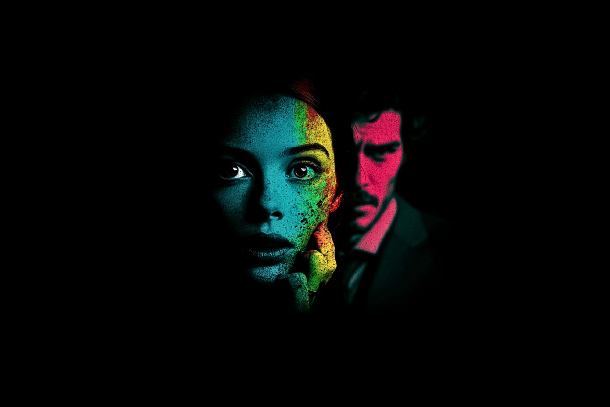 A woman's face, half-lit in blue and green, appears in the foreground with a thoughtful expression. A man's face, tinted red, is partially visible behind her against a black background.