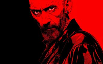 Stylized illustration of a stern, bearded man with an intense gaze, half-lit in red against a red and black split background. His shirt and facial features are depicted with bold, shadowed lines.