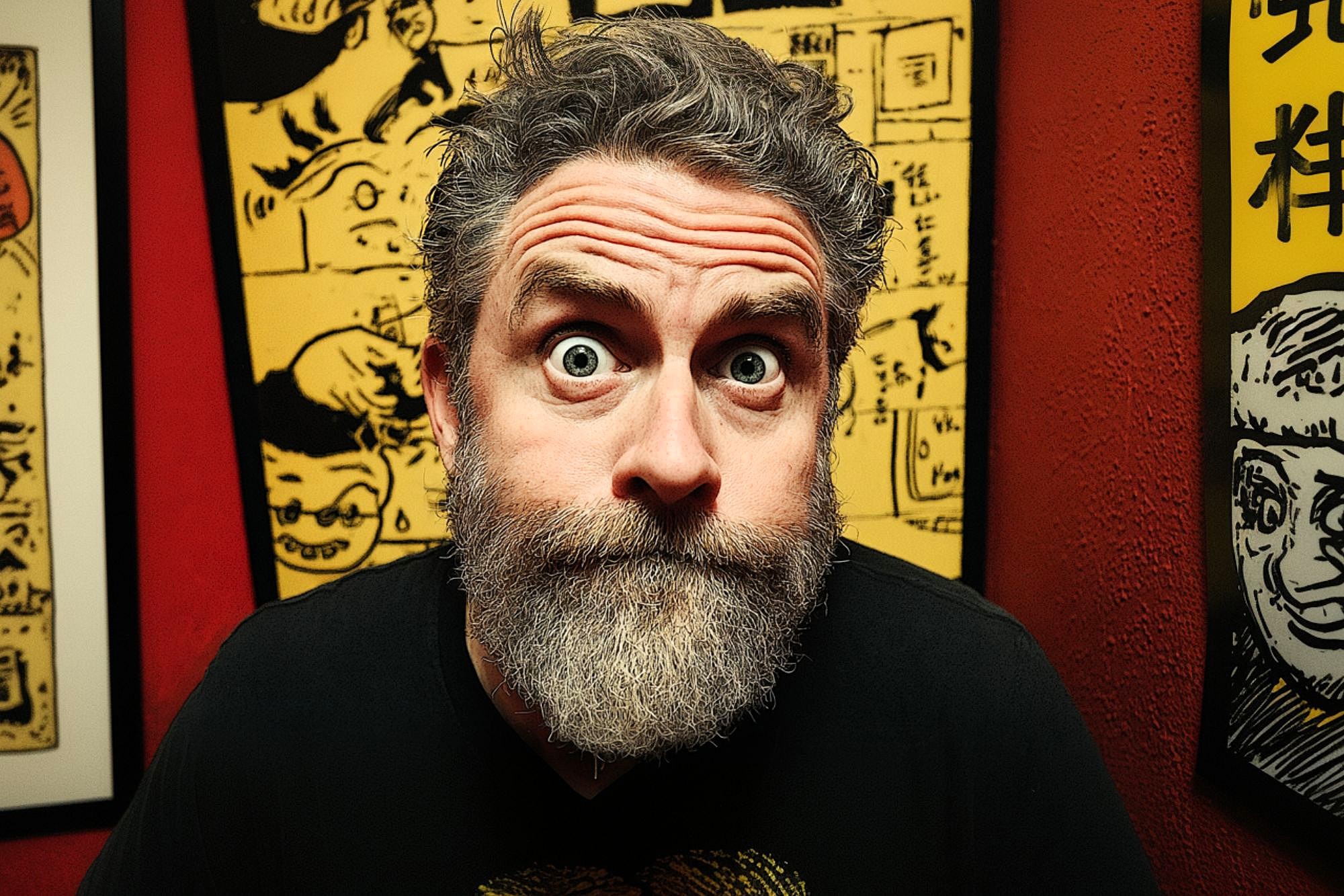 A bearded man with wide eyes and raised eyebrows stares directly at the camera, standing in front of colorful cartoon-style artwork on a red wall.