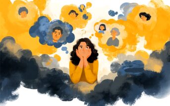 A person sits with hands on their chin, surrounded by clouds with faces of different people, representing thoughts or memories. The atmosphere is a mix of bright yellow and dark gray clouds, suggesting mixed emotions.