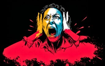 A colorful, expressive illustration of a person screaming with hands on their head, eyes wide, and mouth open. Bold splashes of red, yellow, and blue stand out against a black background.