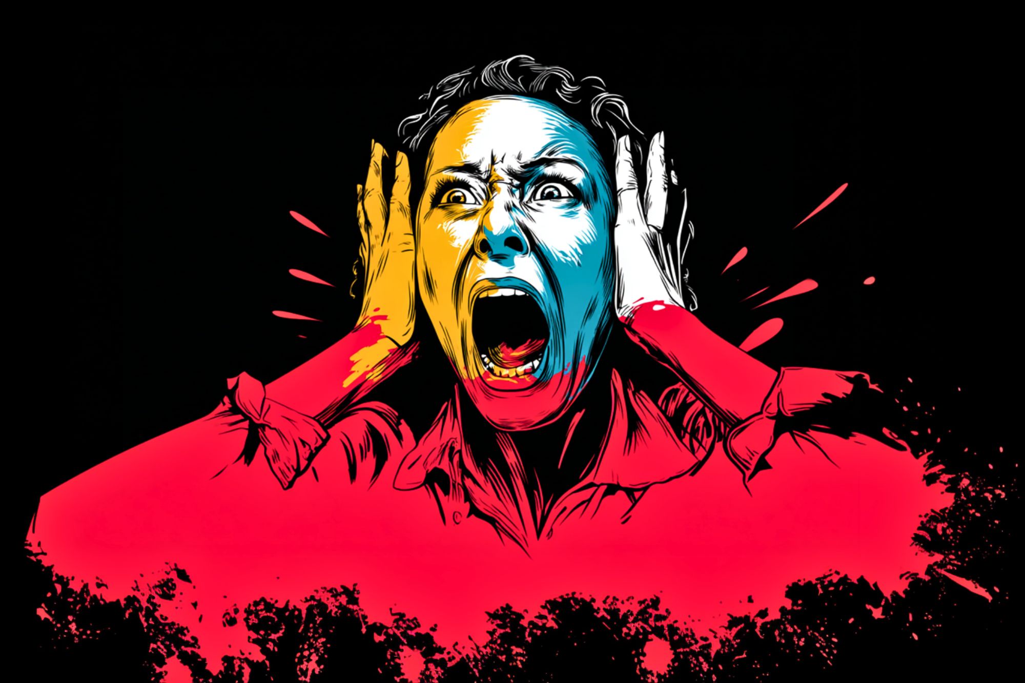A colorful, expressive illustration of a person screaming with hands on their head, eyes wide, and mouth open. Bold splashes of red, yellow, and blue stand out against a black background.