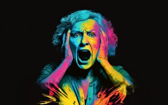 A woman with curly hair screams with her hands on her face, vividly painted in blue, pink, and yellow on a black background, creating a dramatic and expressive effect.