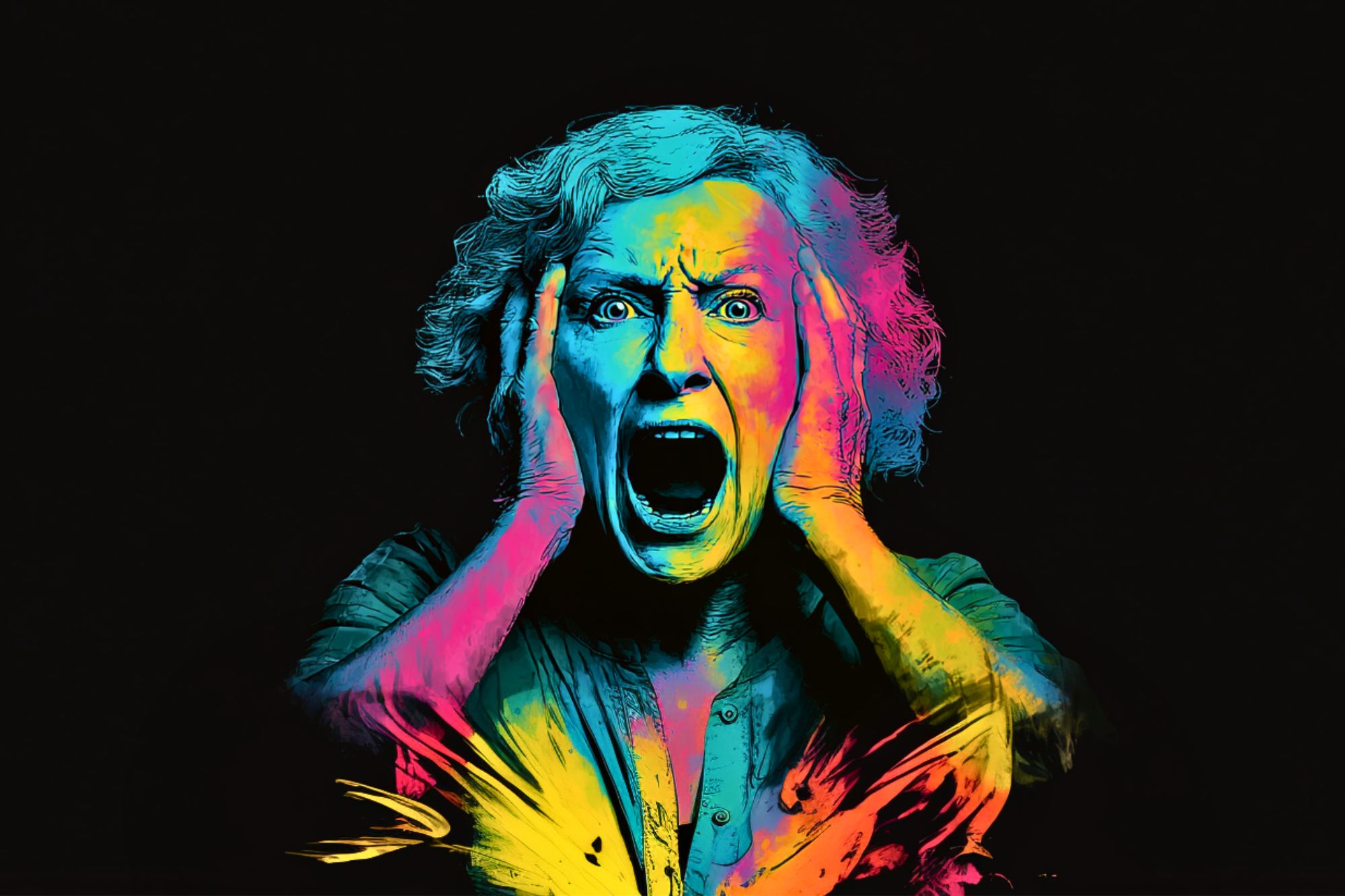 A woman with curly hair screams with her hands on her face, vividly painted in blue, pink, and yellow on a black background, creating a dramatic and expressive effect.