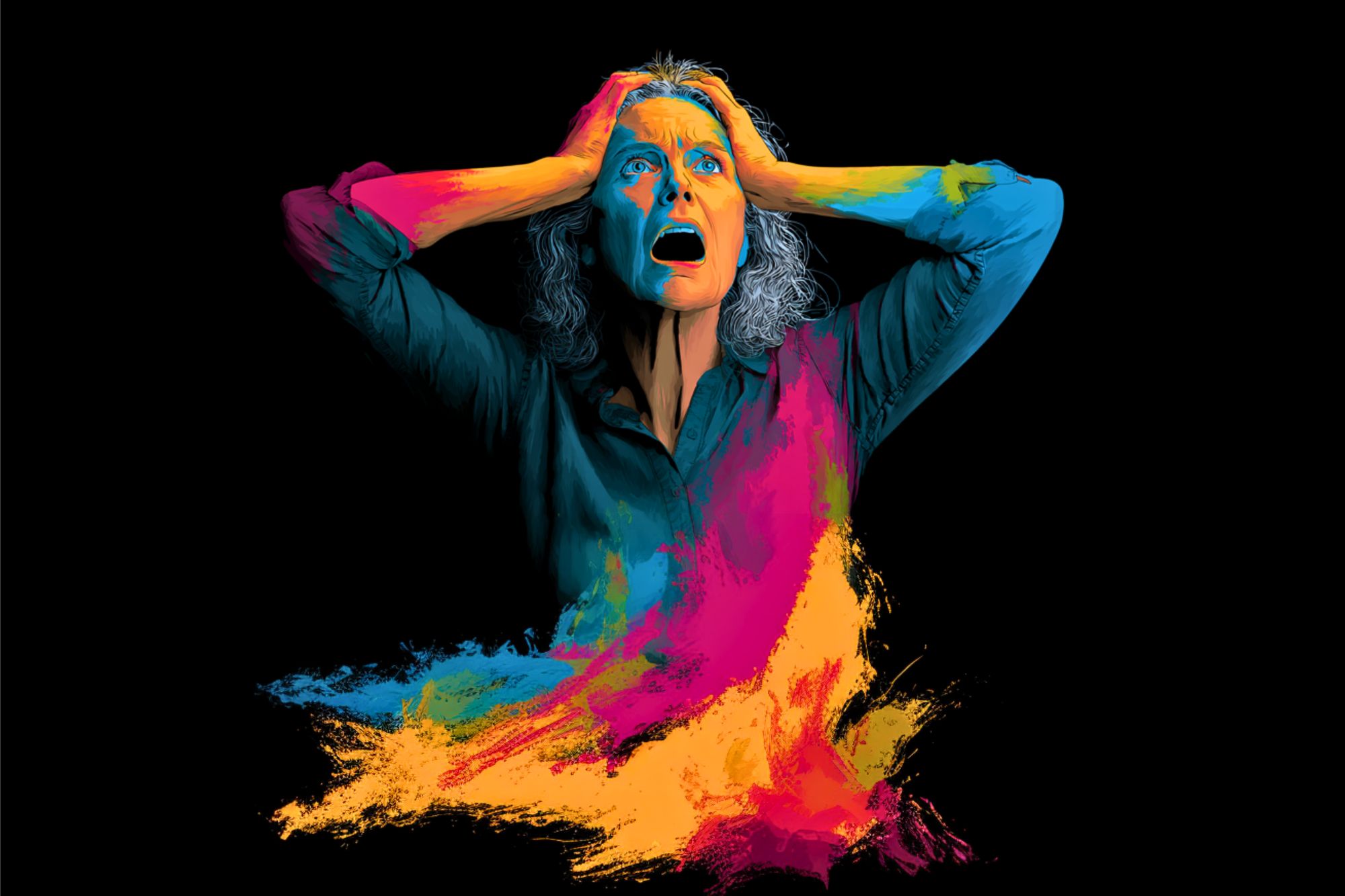 A woman with gray hair holds her head and appears distressed. Her face and body are dramatically painted with bright blue, yellow, pink, and orange colors on a black background.
