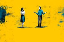 Illustration of a woman and a man standing apart on a bright yellow background with blue paint splatters. The woman appears to have her arms crossed, while the man gestures with open hands as if speaking.