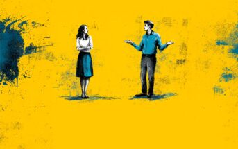 Illustration of a woman and a man standing apart on a bright yellow background with blue paint splatters. The woman appears to have her arms crossed, while the man gestures with open hands as if speaking.
