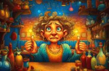 A cartoonish person with curly hair looks anxious but gives two thumbs up in a cluttered, colorful room filled with bottles, jars, and glowing lights. The background is warm-toned, creating a whimsical, magical atmosphere.