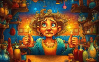 A cartoonish person with curly hair looks anxious but gives two thumbs up in a cluttered, colorful room filled with bottles, jars, and glowing lights. The background is warm-toned, creating a whimsical, magical atmosphere.