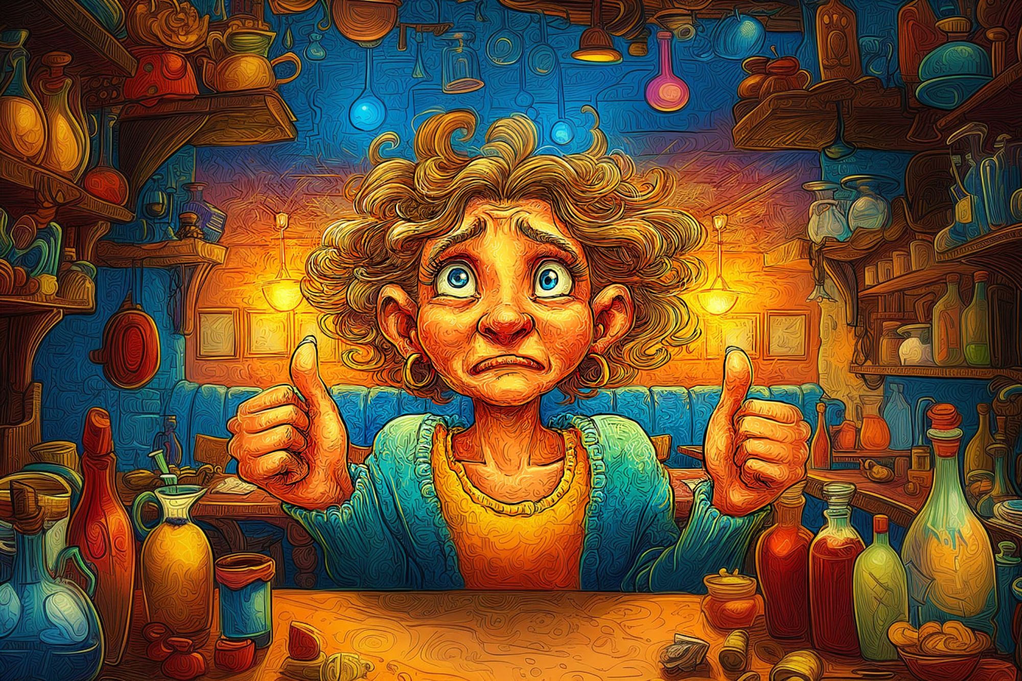 A cartoonish person with curly hair looks anxious but gives two thumbs up in a cluttered, colorful room filled with bottles, jars, and glowing lights. The background is warm-toned, creating a whimsical, magical atmosphere.