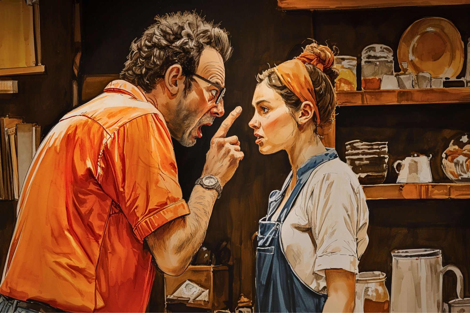 A man in an orange shirt angrily points his finger while confronting a woman in an apron and headband in a kitchen, surrounded by shelves with dishes and jars.