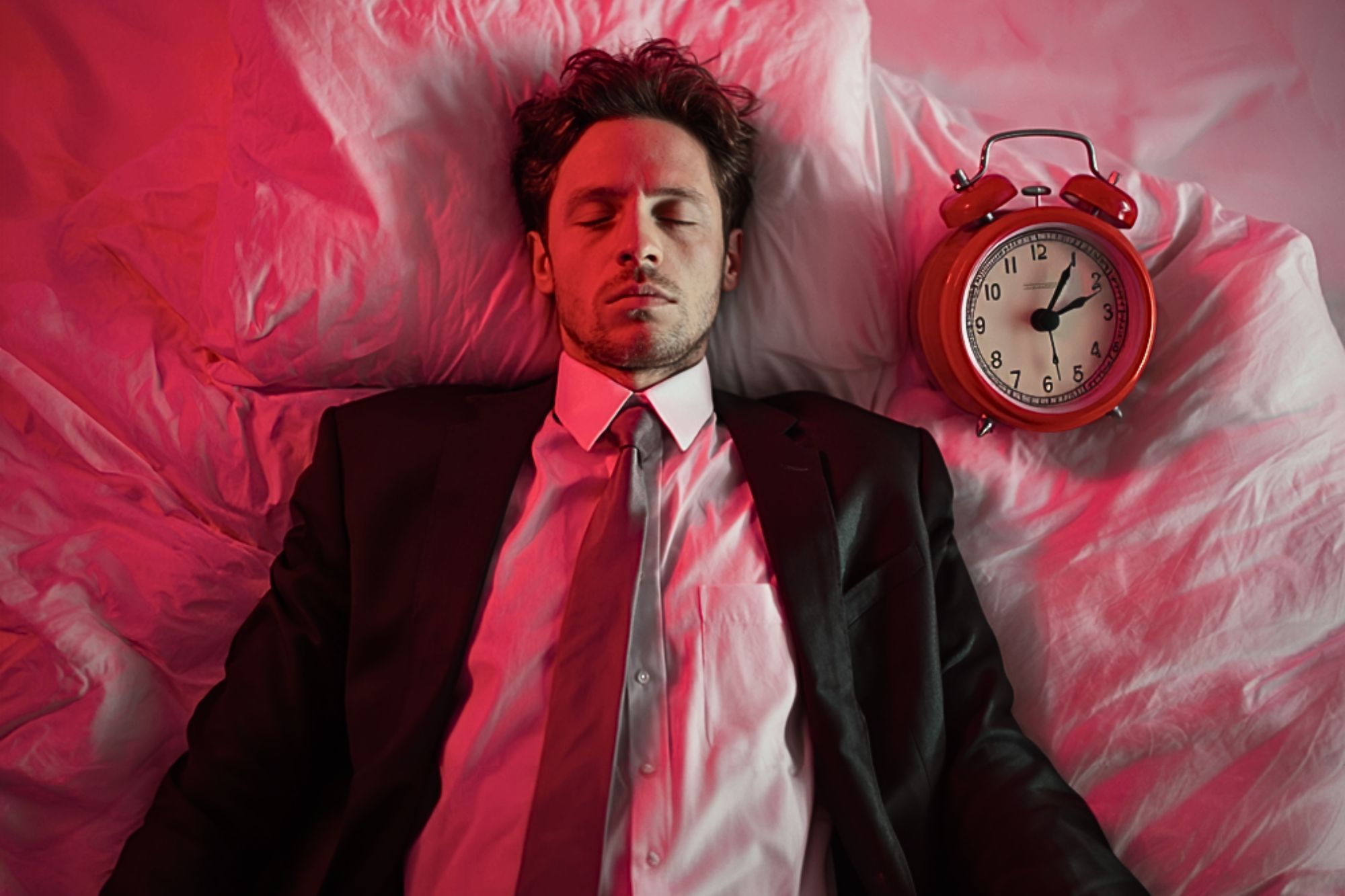 A man in a suit lies on a bed with his eyes closed, next to a red alarm clock. The scene is lit with pinkish-red light, creating a surreal atmosphere.
