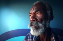 An older man with a gray beard and mustache gazes pensively to the side. He has deep facial lines and wears a plaid shirt, standing against a blue background with soft light illuminating his face.