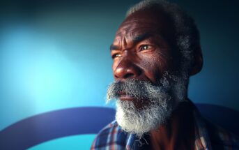 An older man with a gray beard and mustache gazes pensively to the side. He has deep facial lines and wears a plaid shirt, standing against a blue background with soft light illuminating his face.
