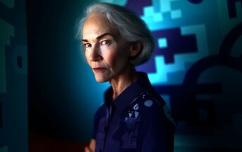 An older woman with short gray hair and a serious expression stands against a blue, geometric-patterned background. She wears a navy shirt with abstract designs and is lit dramatically from the side.