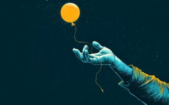 An illustrated hand reaches out as a yellow balloon drifts upward against a dark, starry background, evoking a sense of letting go.
