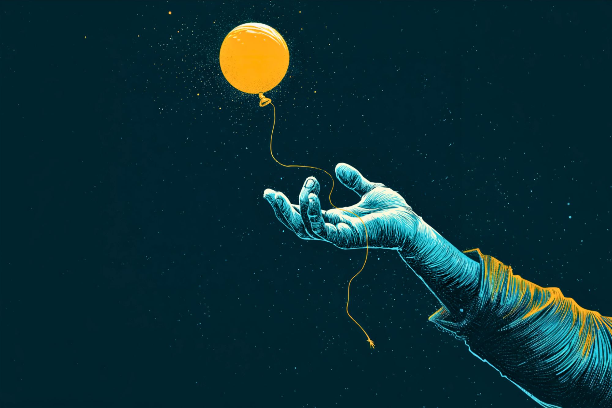 An illustrated hand reaches out as a yellow balloon drifts upward against a dark, starry background, evoking a sense of letting go.