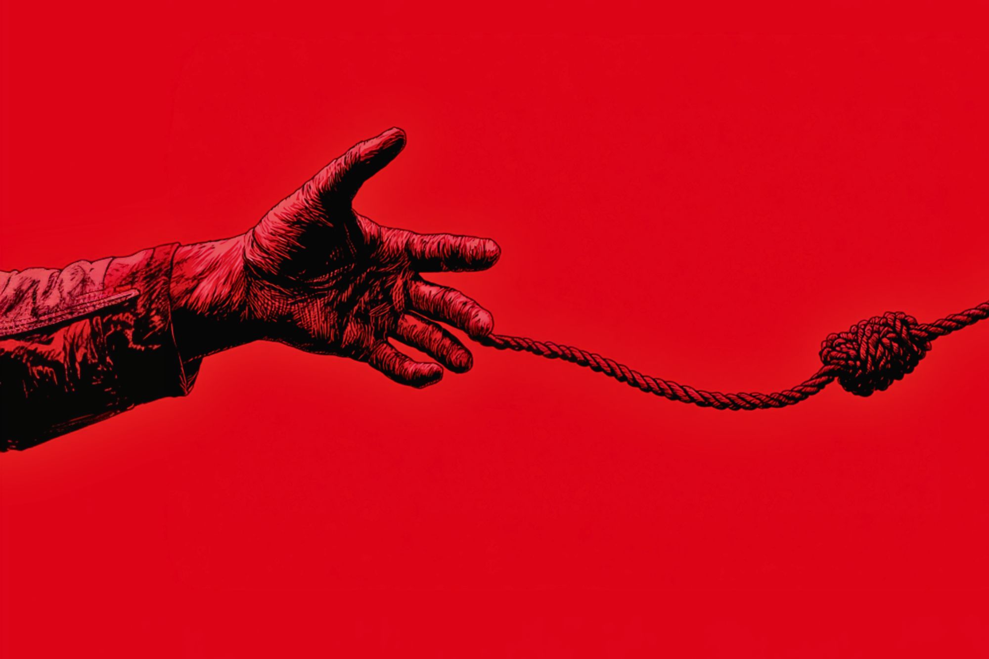 A black and red illustration of an outstretched hand reaching toward a knotted rope, set against a solid red background.