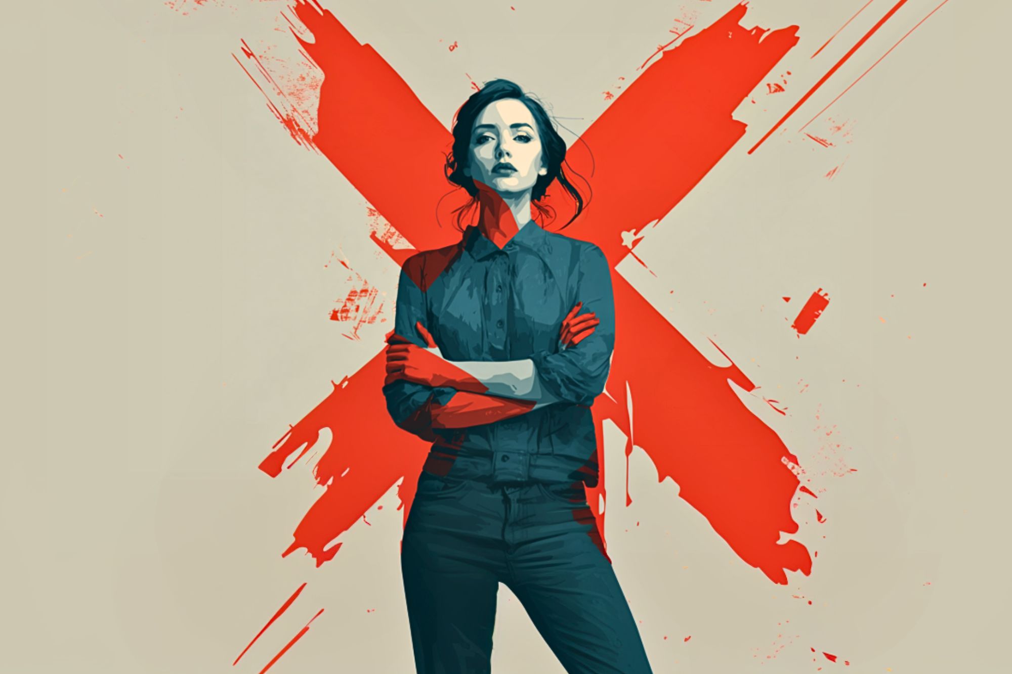 A woman stands confidently with arms crossed in front of a large, bold red X painted on a neutral background. The image features strong contrast and stylized, artistic brushstrokes.