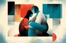 Abstract illustration of two people sitting close together, one comforting the other. The image uses bold geometric shapes and muted tones of blue, red, black, and white to convey warmth and empathy.