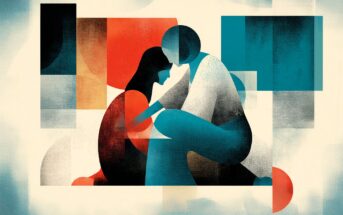 Abstract illustration of two people sitting close together, one comforting the other. The image uses bold geometric shapes and muted tones of blue, red, black, and white to convey warmth and empathy.
