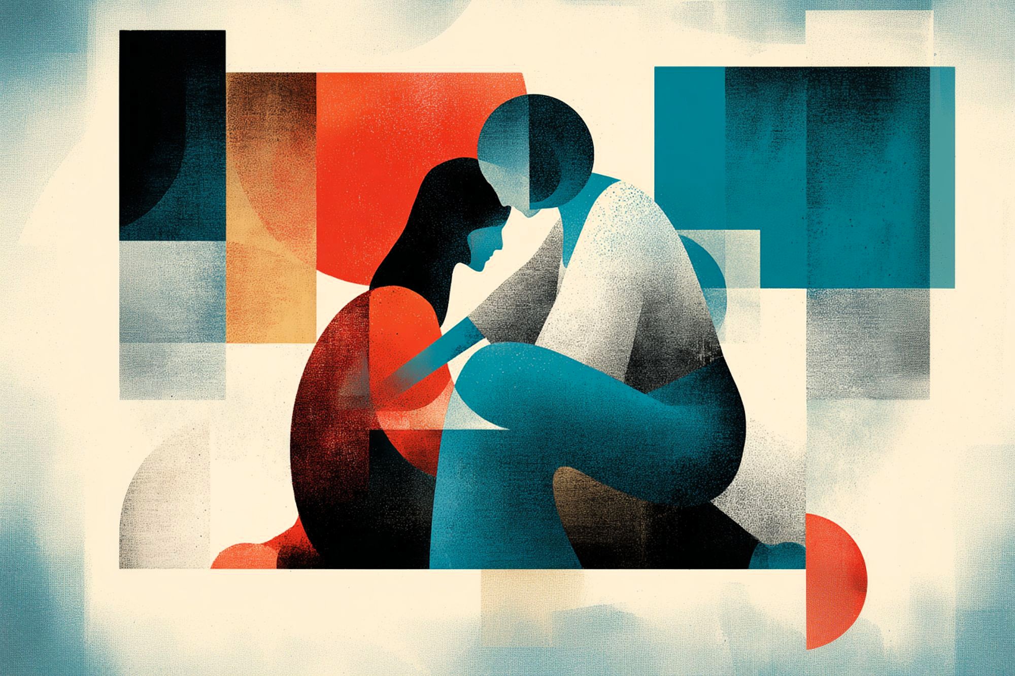 Abstract illustration of two people sitting close together, one comforting the other. The image uses bold geometric shapes and muted tones of blue, red, black, and white to convey warmth and empathy.