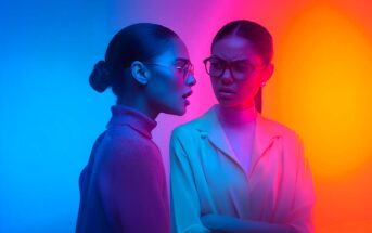 Two women wearing glasses stand close together, bathed in dramatic blue, pink, and orange lighting. One woman speaks intensely while the other crosses her arms and looks back with a suspicious, questioning expression.