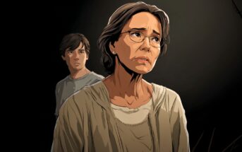 An illustration of a concerned older woman with glasses and grayish hair in the foreground, wearing a light shirt, with a teenage boy in a gray shirt standing behind her against a dark background.