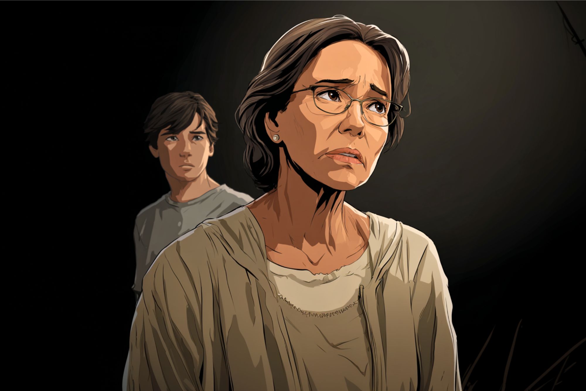 An illustration of a concerned older woman with glasses and grayish hair in the foreground, wearing a light shirt, with a teenage boy in a gray shirt standing behind her against a dark background.