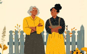 Two women stand side by side with arms crossed in front of a picket fence, both wearing polka dot blouses and skirts. They appear serious or displeased. Flowers and plants surround them.