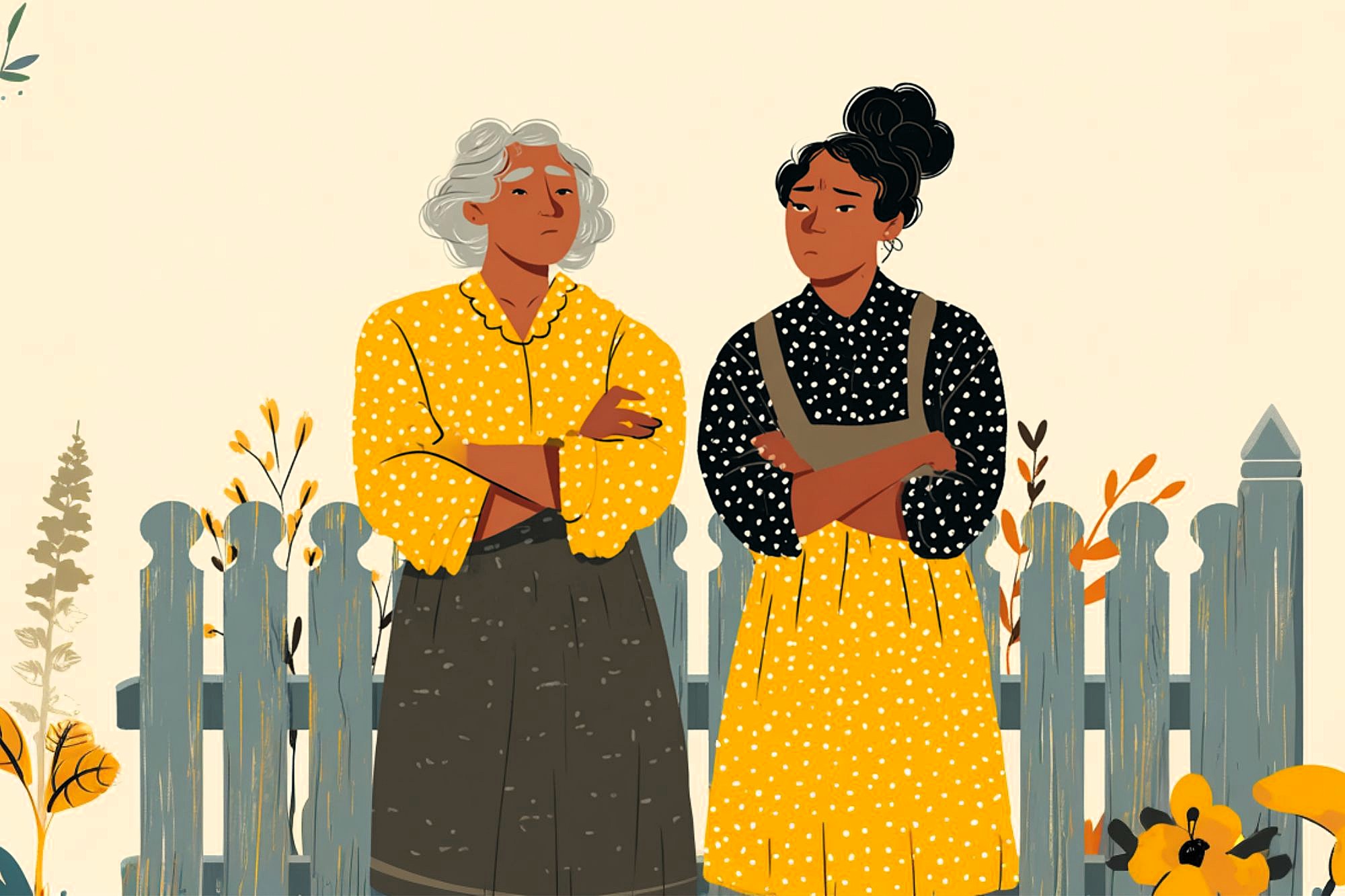 Two women stand side by side with arms crossed in front of a picket fence, both wearing polka dot blouses and skirts. They appear serious or displeased. Flowers and plants surround them.